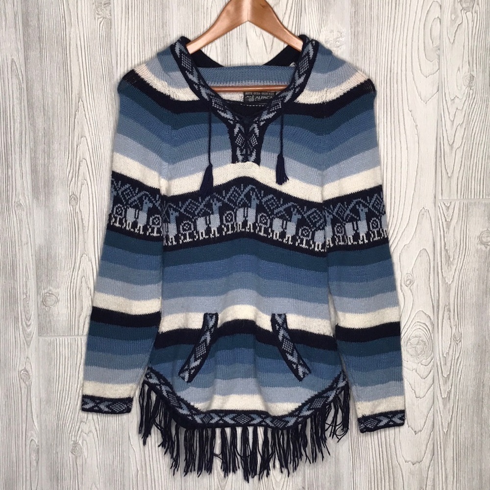 Arte Inka-Berfass Alpaca Blue Hooded Fringe Stripes Sweater Small